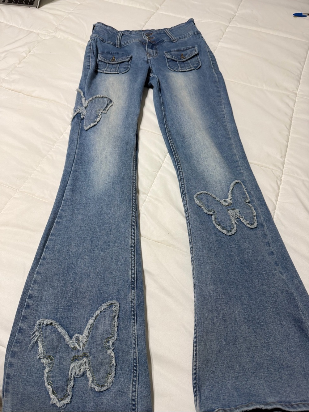 Juniors  Light Blue Flared Jeans with Butterfly Appliqué - Picture 3 of 9